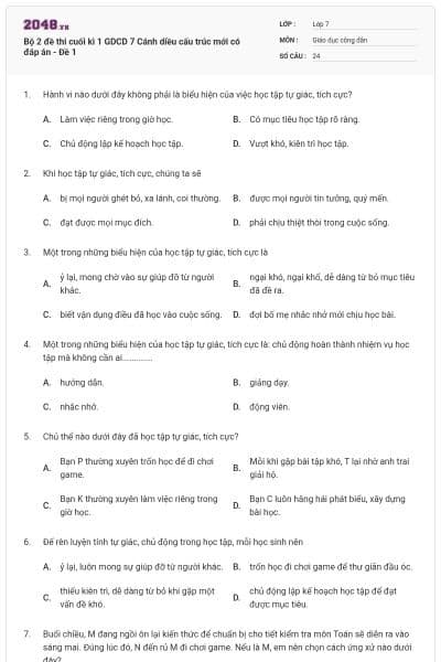 Bộ 2 đề thi cuối kì 1 GDCD 7 Cánh diều cấu trúc mới có đáp án - Đề 1