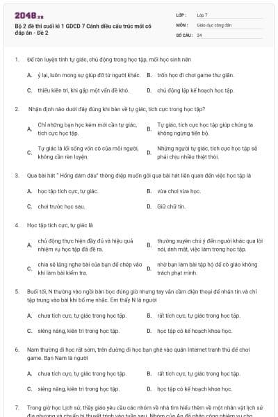 Bộ 2 đề thi cuối kì 1 GDCD 7 Cánh diều cấu trúc mới có đáp án - Đề 2