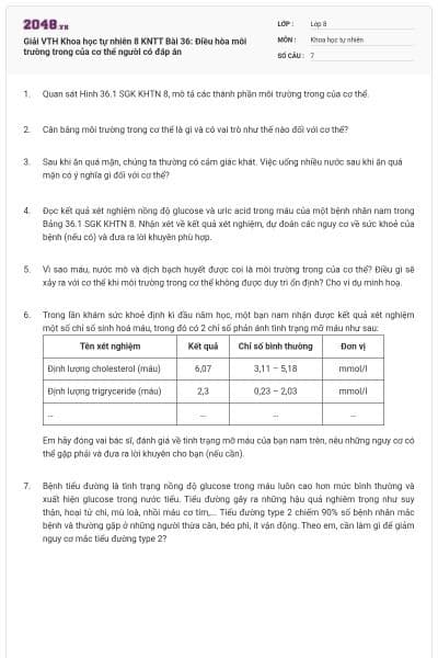 Giải VTH Khoa học tự nhiên 8 KNTT Bài 36: Điều hòa môi trường trong của cơ thể người có đáp án