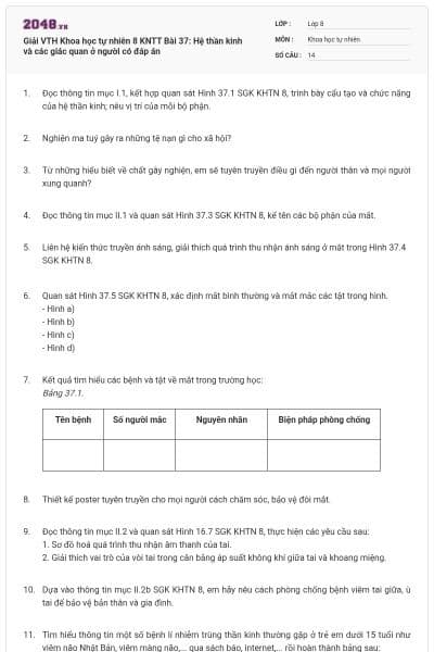 Giải VTH Khoa học tự nhiên 8 KNTT Bài 37: Hệ thần kinh và các giác quan ở người có đáp án