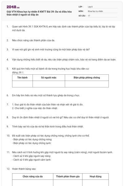 Giải VTH Khoa học tự nhiên 8 KNTT Bài 39: Da và điều hòa thân nhiệt ở người có đáp án