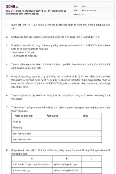 Giải VTH Khoa học tự nhiên 8 KNTT Bài 41: Môi trường và các nhân tố sinh thái có đáp án
