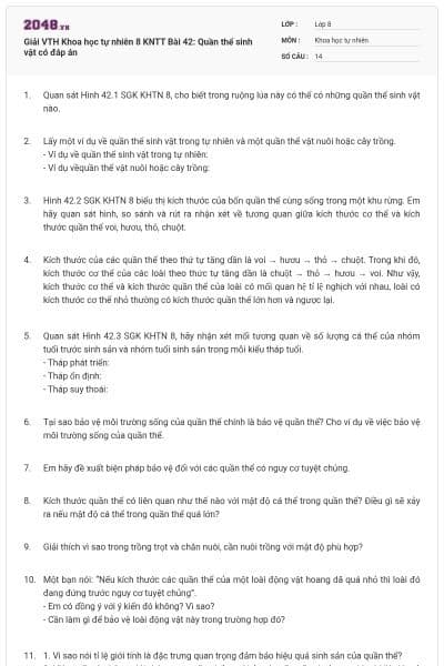 Giải VTH Khoa học tự nhiên 8 KNTT Bài 42: Quần thể sinh vật có đáp án