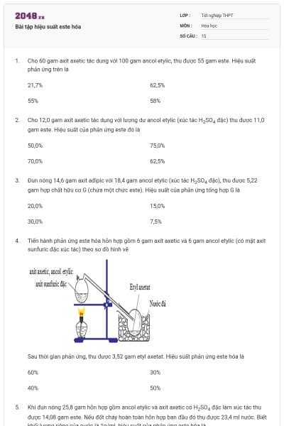 Bài tập hiệu suất este hóa