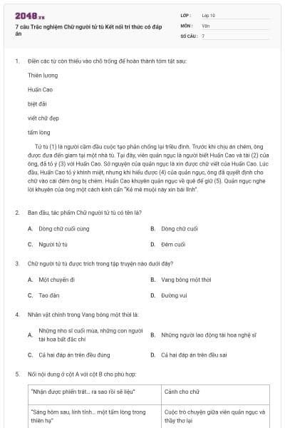 7 câu Trắc nghiệm Chữ người tử tù Kết nối tri thức có đáp án