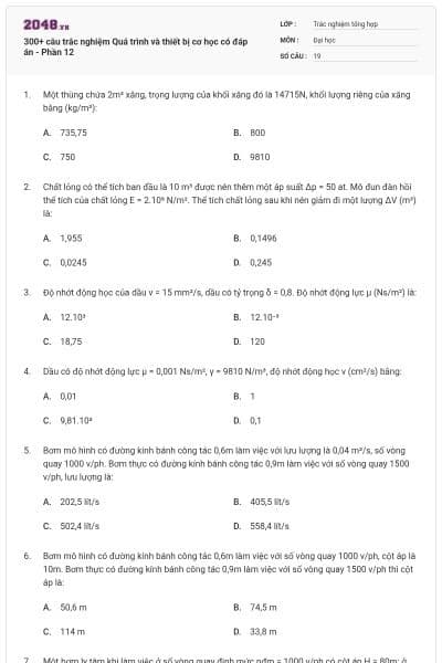 300+ câu trắc nghiệm Quá trình và thiết bị cơ học có đáp án - Phần 12