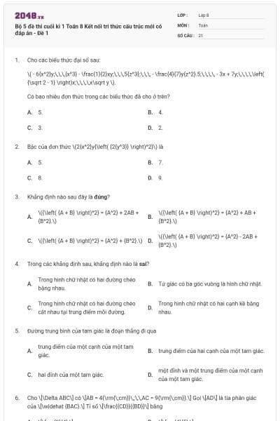 Bộ 5 đề thi cuối kì 1 Toán 8 Kết nối tri thức cấu trúc mới có đáp án - Đề 1
