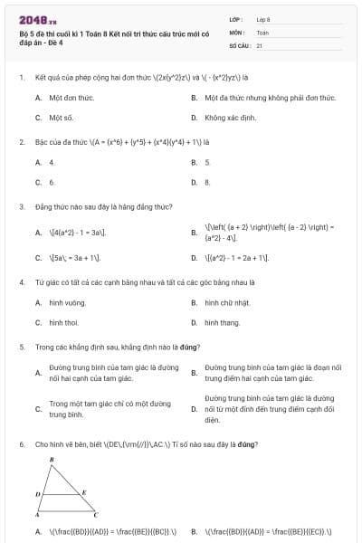 Bộ 5 đề thi cuối kì 1 Toán 8 Kết nối tri thức cấu trúc mới có đáp án - Đề 4