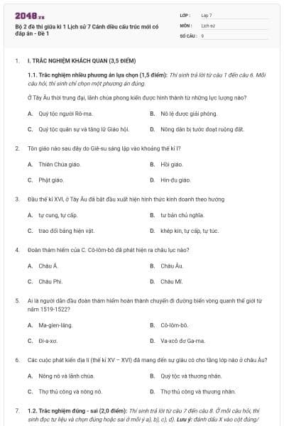 Bộ 2 đề thi giữa kì 1 Lịch sử 7 Cánh diều cấu trúc mới có đáp án - Đề 1