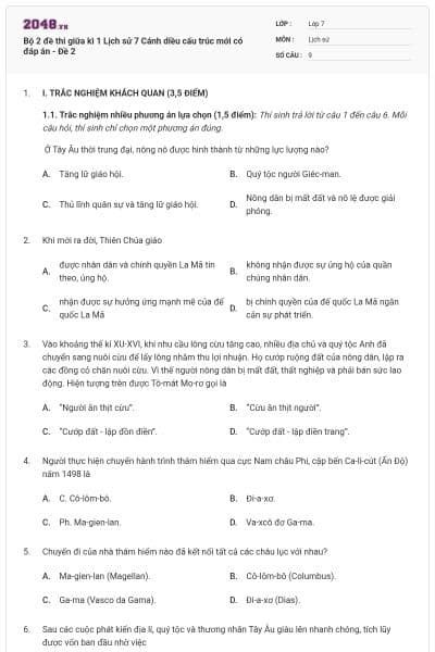Bộ 2 đề thi giữa kì 1 Lịch sử 7 Cánh diều cấu trúc mới có đáp án - Đề 2