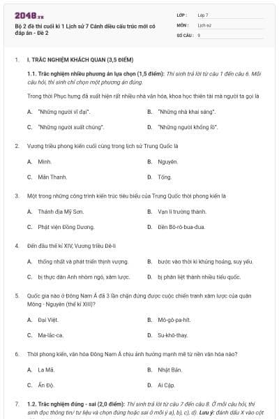 Bộ 2 đề thi cuối kì 1 Lịch sử 7 Cánh diều cấu trúc mới có đáp án - Đề 2