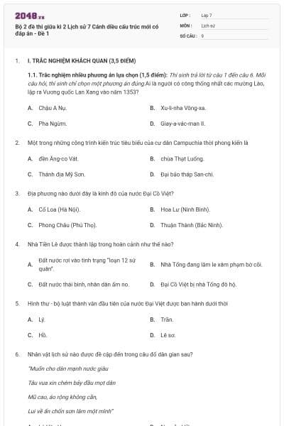 Bộ 2 đề thi giữa kì 2 Lịch sử 7 Cánh diều cấu trúc mới có đáp án - Đề 1