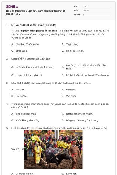 Bộ 2 đề thi giữa kì 2 Lịch sử 7 Cánh diều cấu trúc mới có đáp án - Đề 2