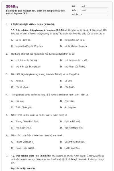 Bộ 2 đề thi giữa kì 2 Lịch sử 7 Chân trời sáng tạo cấu trúc mới có đáp án - Đề 2