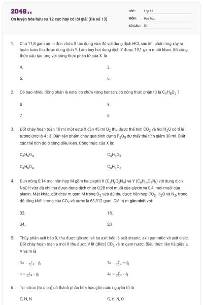 Ôn luyện hóa hữu cơ 12 cực hay có lời giải (Đề số 13)