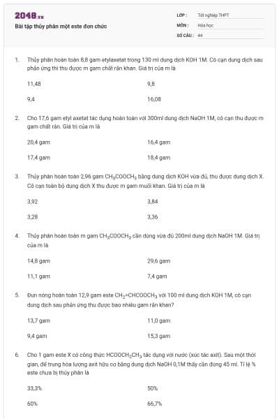 Bài tập thủy phân một este đơn chức