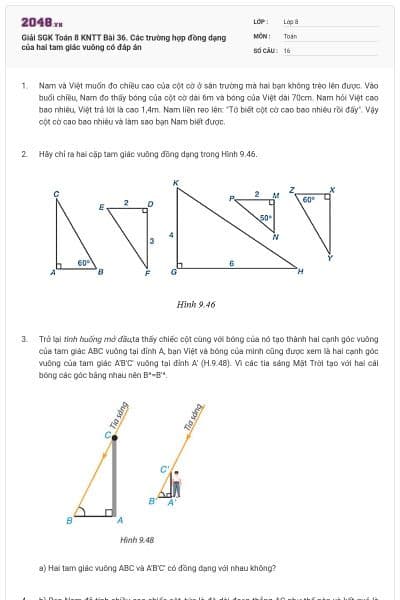 Giải SGK Toán 8 KNTT Bài 36. Các trường hợp đồng dạng của hai tam giác vuông có đáp án