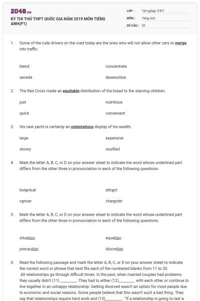 KỲ THI THỬ THPT QUỐC GIA NĂM 2019 MÔN TIẾNG ANH(P1)