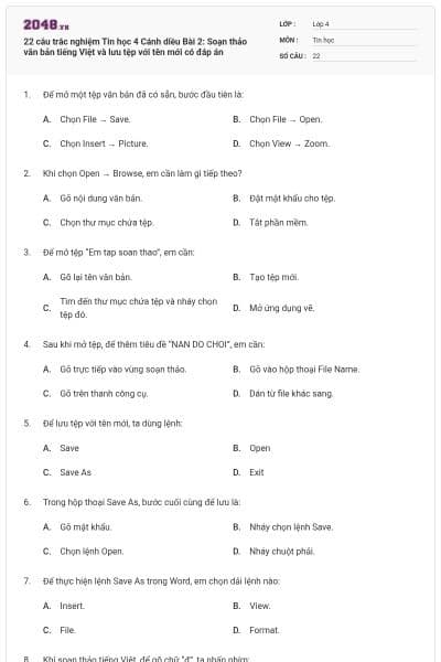 22 câu trắc nghiệm Tin học 4 Cánh diều Bài 2: Soạn thảo văn bản tiếng Việt và lưu tệp với tên mới có đáp án