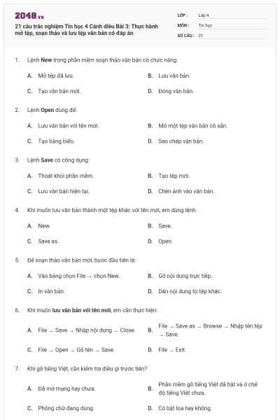 21 câu trắc nghiệm Tin học 4 Cánh diều Bài 3: Thực hành mở tệp, soạn thảo và lưu tệp văn bản có đáp án