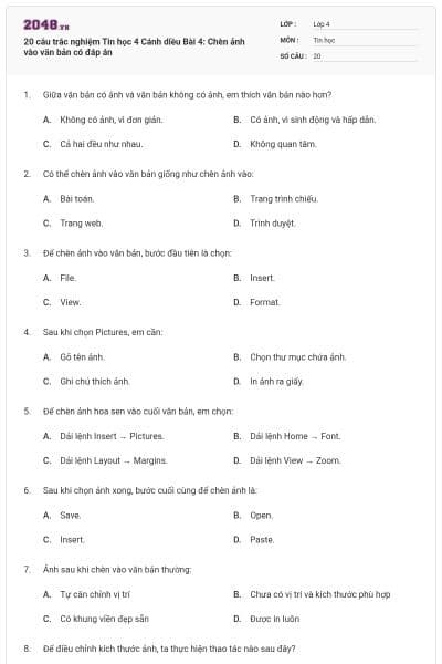 20 câu trắc nghiệm Tin học 4 Cánh diều Bài 4: Chèn ảnh vào văn bản có đáp án