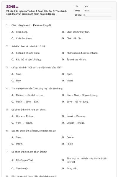 21 câu trắc nghiệm Tin học 4 Cánh diều Bài 5: Thực hành soạn thảo văn bản có ảnh minh họa có đáp án