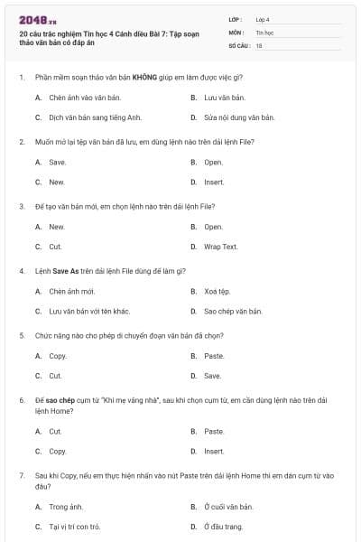 20 câu trắc nghiệm Tin học 4 Cánh diều Bài 7: Tập soạn thảo văn bản có đáp án