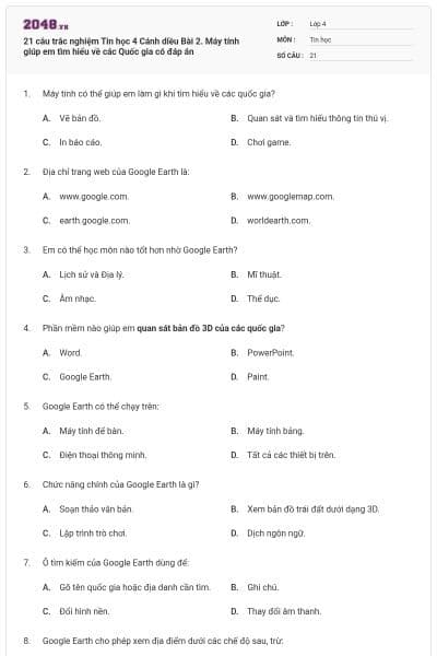 21 câu trắc nghiệm Tin học 4 Cánh diều Bài 2. Máy tính giúp em tìm hiểu về các Quốc gia có đáp án