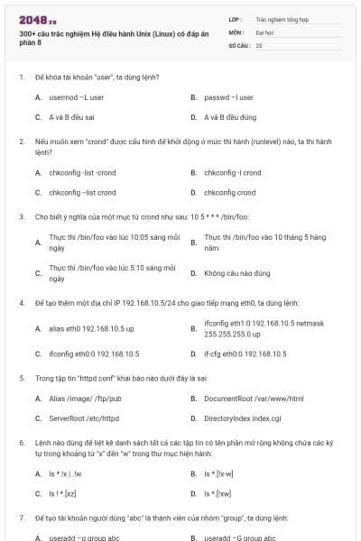 300+ câu trắc nghiệm Hệ điều hành Unix (Linux) có đáp án phần 8