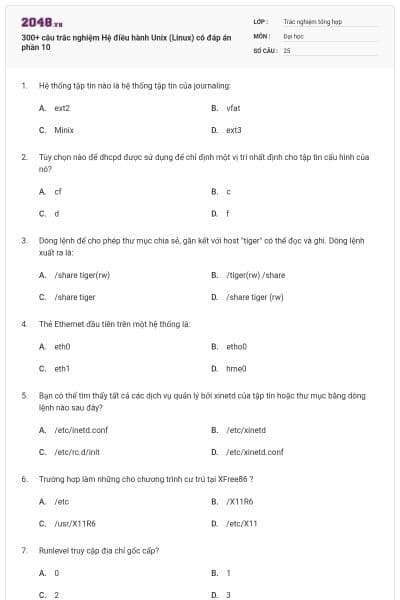 300+ câu trắc nghiệm Hệ điều hành Unix (Linux) có đáp án phần 10