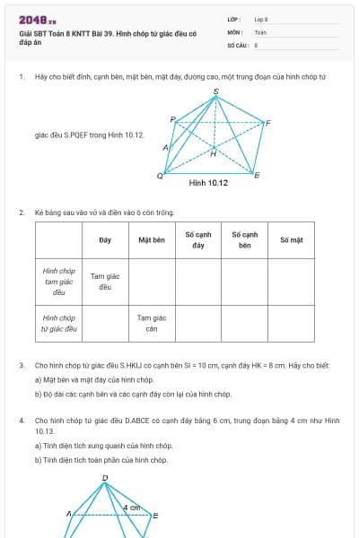 Giải SBT Toán 8 KNTT Bài 39. Hình chóp tứ giác đều có đáp án