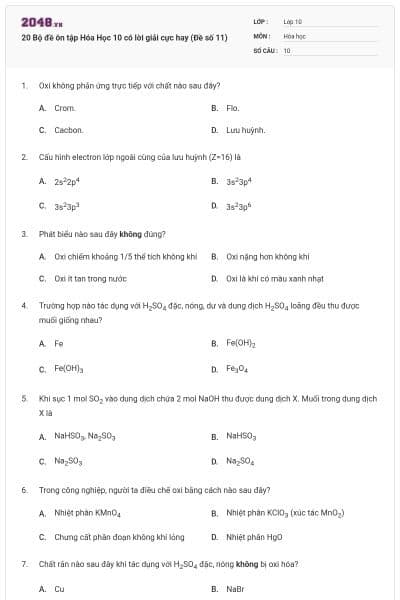 20 Bộ đề ôn tập Hóa Học 10 có lời giải cực hay (Đề số 11)