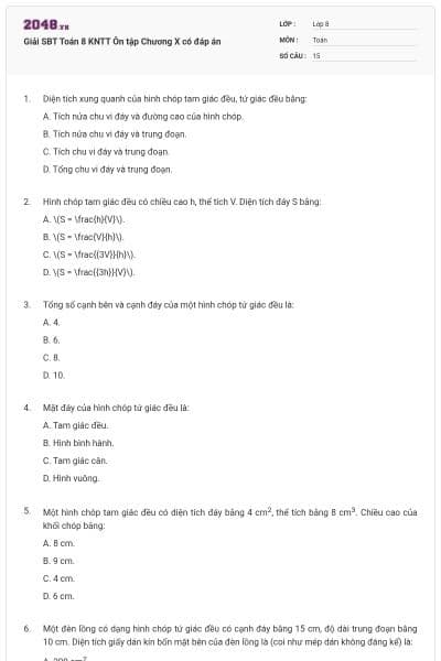 Giải SBT Toán 8 KNTT Ôn tập Chương X có đáp án