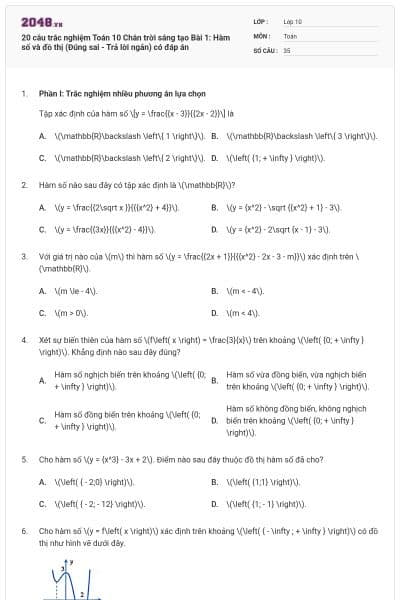 20 câu trắc nghiệm Toán 10 Chân trời sáng tạo Bài 1: Hàm số và đồ thị (Đúng sai - Trả lời ngắn) có đáp án