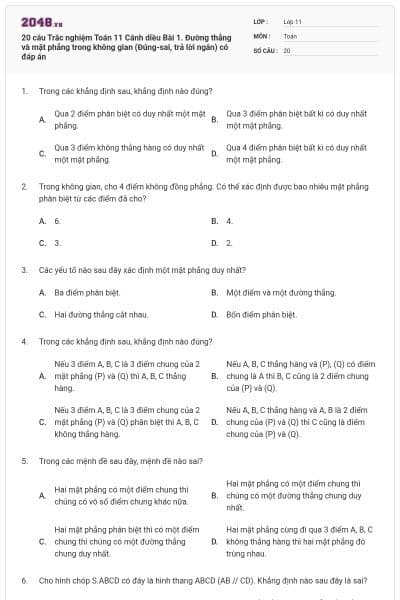 20 câu Trắc nghiệm Toán 11 Cánh diều Bài 1. Đường thẳng và mặt phẳng trong không gian (Đúng-sai, trả lời ngắn) có đáp án