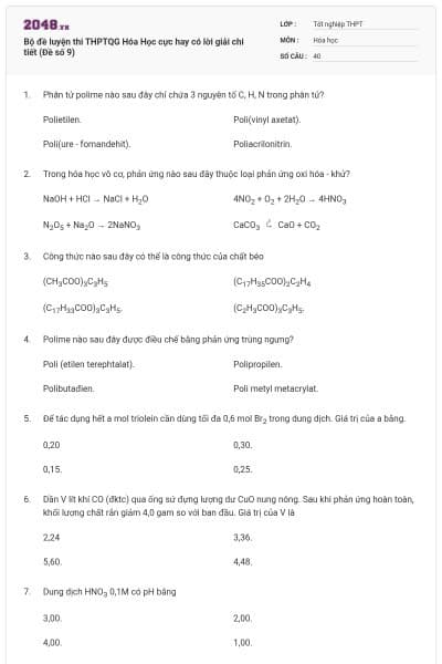 Bộ đề luyện thi THPTQG Hóa Học cực hay có lời giải chi tiết (Đề số 9)