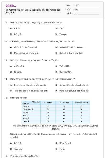 Bộ 2 đề thi cuối kì 1 Địa lí 7 Cánh diều cấu trúc mới có đáp án - Đề 1