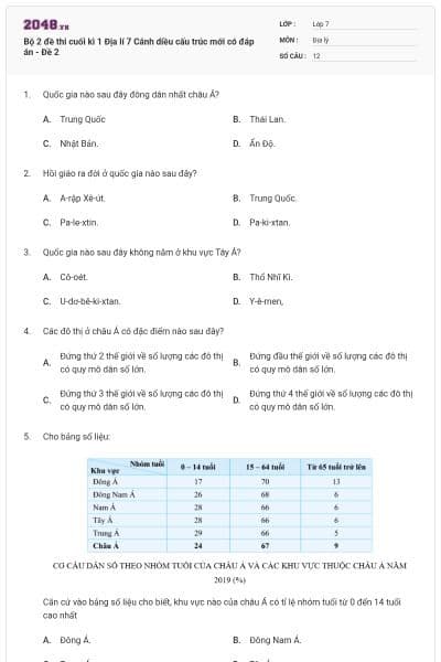 Bộ 2 đề thi cuối kì 1 Địa lí 7 Cánh diều cấu trúc mới có đáp án - Đề 2