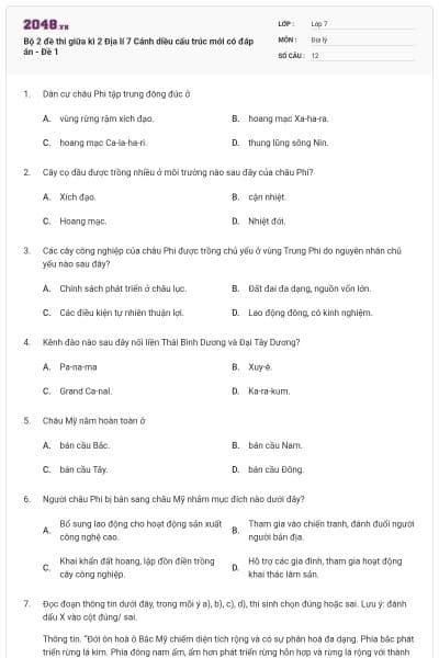 Bộ 2 đề thi giữa kì 2 Địa lí 7 Cánh diều cấu trúc mới có đáp án - Đề 1