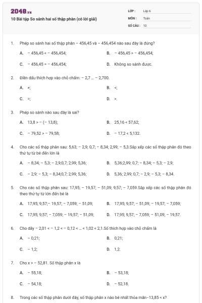 10 Bài tập So sánh hai số thập phân (có lời giải)