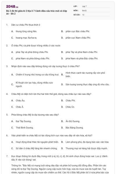 Bộ 2 đề thi giữa kì 2 Địa lí 7 Cánh diều cấu trúc mới có đáp án - Đề 2
