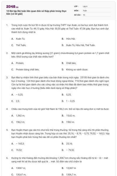 10 Bài tập Bài toán liên quan đến số thập phân trong thực tiễn (có lời giải)