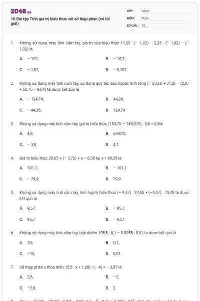 10 Bài tập Tính giá trị biểu thức với số thập phân (có lời giải)