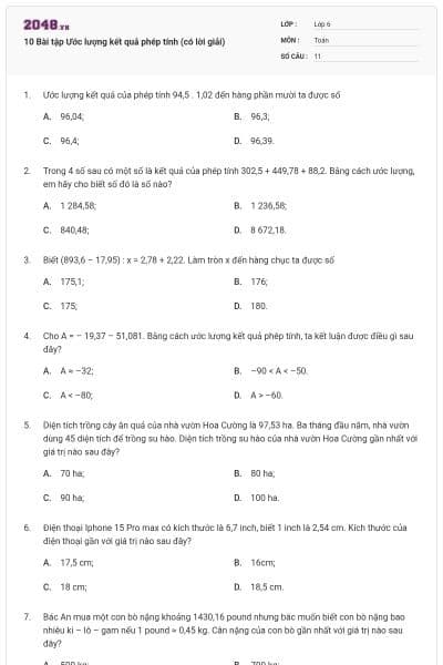 10 Bài tập Ước lượng kết quả phép tính (có lời giải)