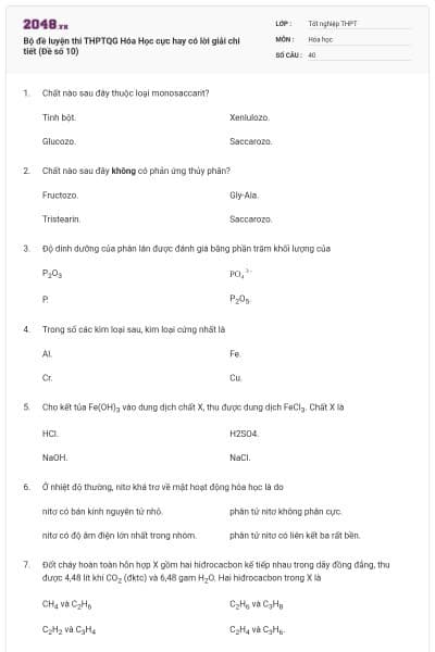 Bộ đề luyện thi THPTQG Hóa Học cực hay có lời giải chi tiết (Đề số 10)