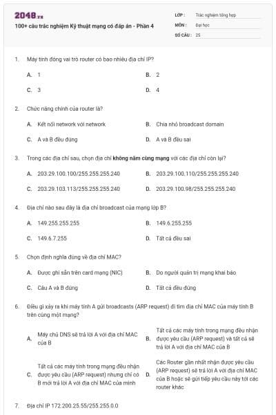 100+ câu trắc nghiệm Kỹ thuật mạng có đáp án - Phần 4