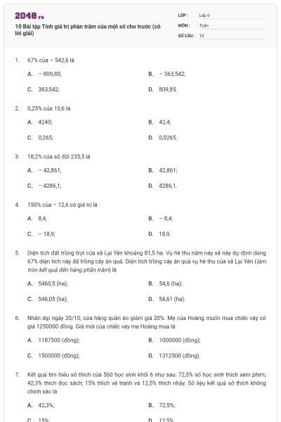 10 Bài tập Tính giá trị phần trăm của một số cho trước (có lời giải)