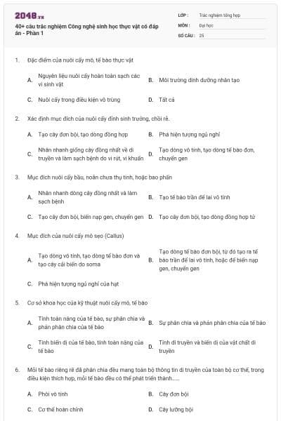 40+ câu trắc nghiệm Công nghệ sinh học thực vật có đáp án - Phần 1