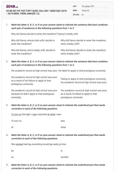 20 BỘ ĐỀ THI THỬ THPT QUỐC GIA LẦN 1 NĂM HỌC 2018 - 2019 MÔN: TIẾNG ANH(ĐỀ 12)