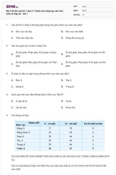 Bộ 2 đề thi cuối kì 1 Địa lí 7 Chân trời sáng tạo cấu trúc mới có đáp án - Đề 1
